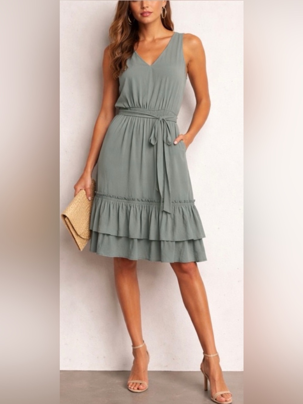 Calvin Klein Ruffle Hem Sage Green Dress 10